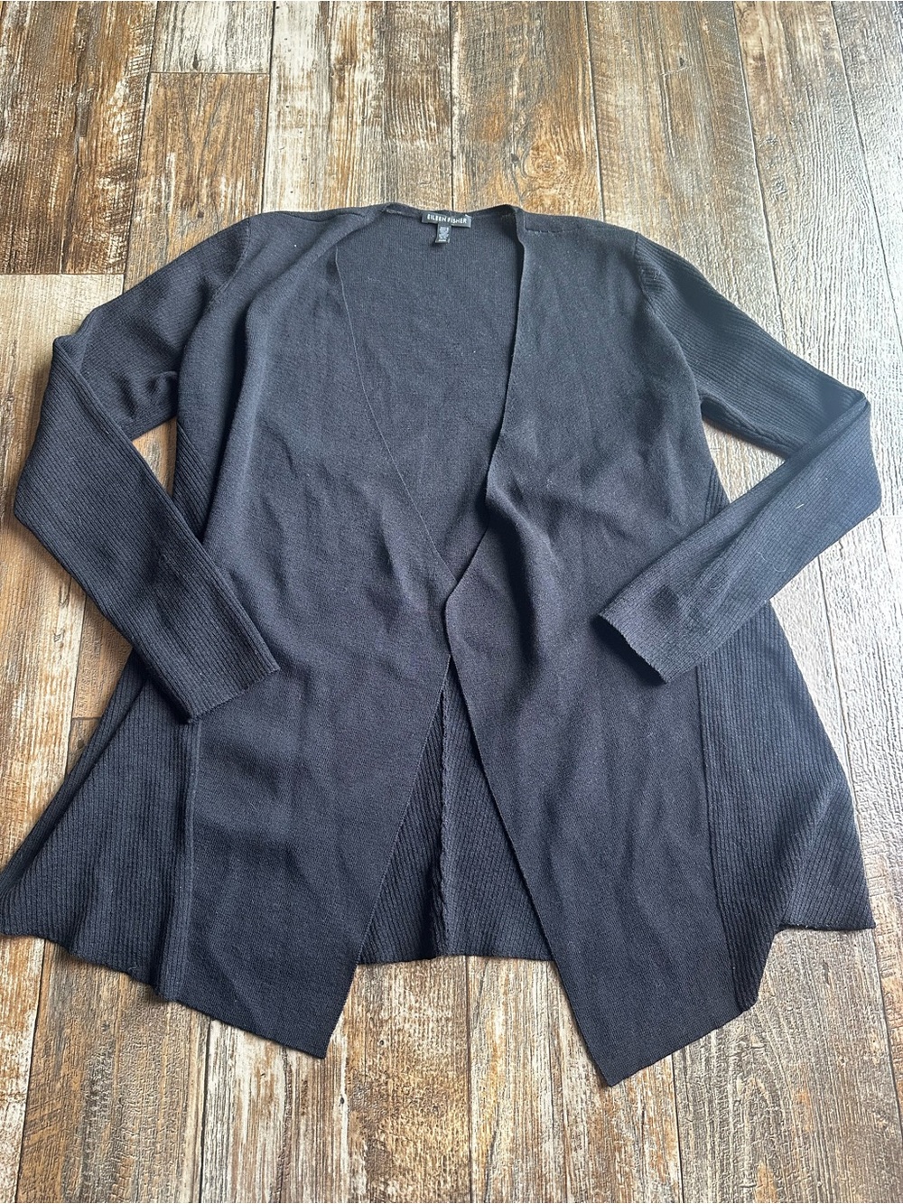 Eileen Fisher Open Front Asymmetrical Ribbed Wool Open Knit Cardigan Black Sz M